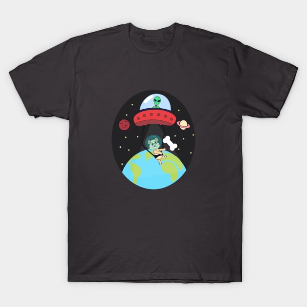 Kawaii dog grabbing a bone with the help of an alien flying saucer T-Shirt by Ralph Hovsepian